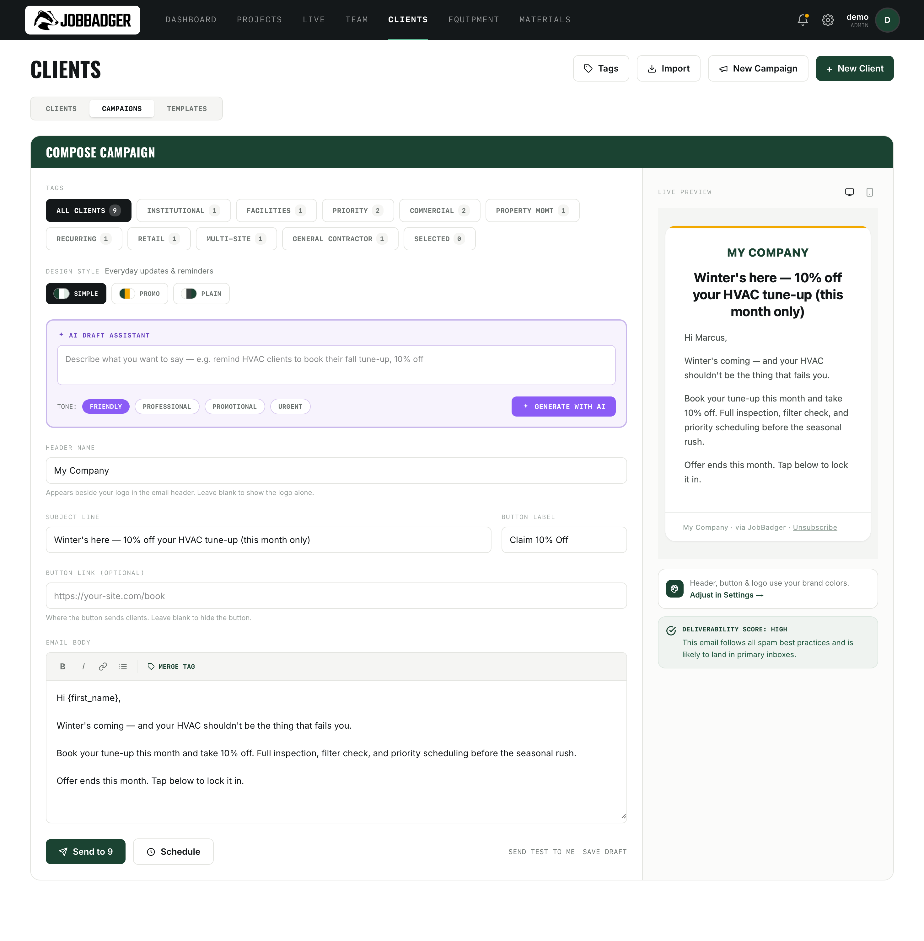 JobBadger email campaign builder